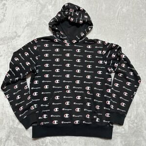 Kids Unisex Champion All Over Logo Hoodie Black Pullover Size XL Boys Girls
